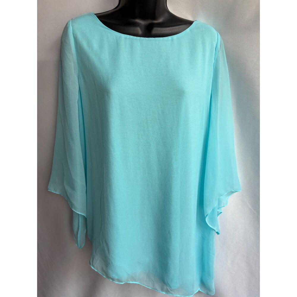 Chico's Aqua Blue Flowy Chiffon Asymmetrical Drama Top Blouse Barbie Size S